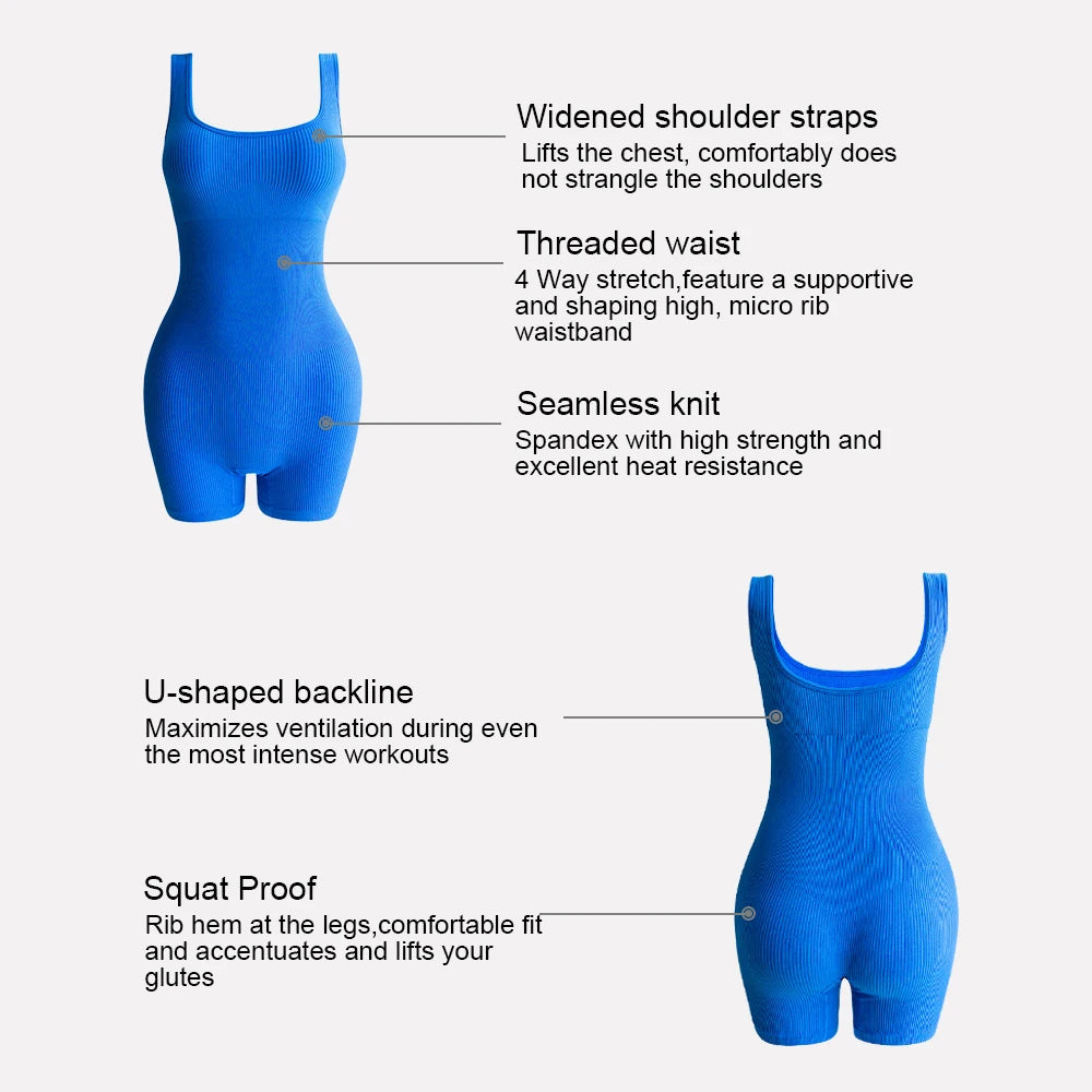 Seamless Women Yoga Suits Workout Ribbed Square Neck Sleeveless jumpsuit